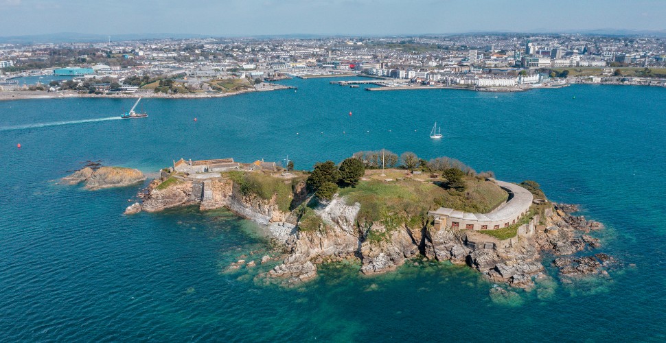 Aerial view of Drake's Island in the middle of Plymouth Sound 